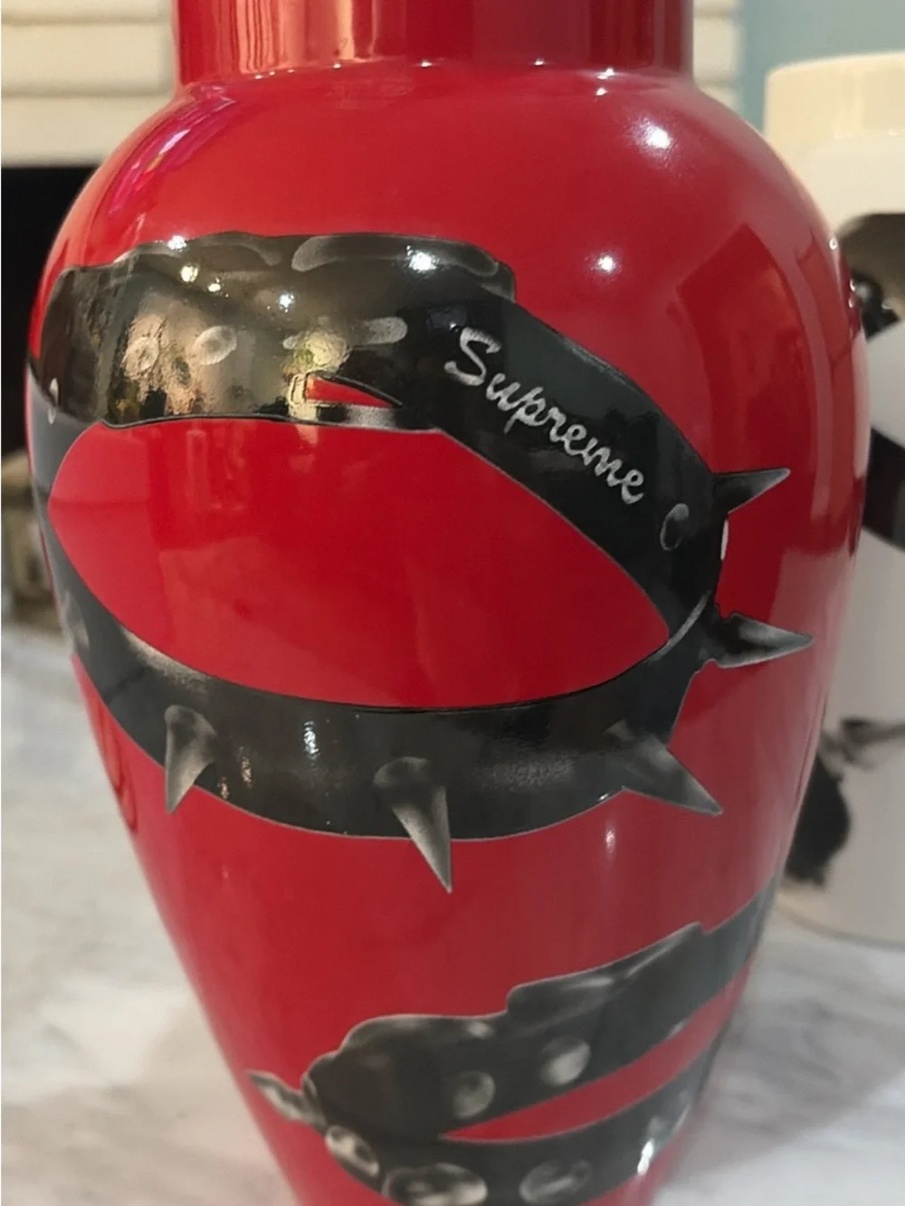 Supreme Red and White Ceramic Vases with studded collar print